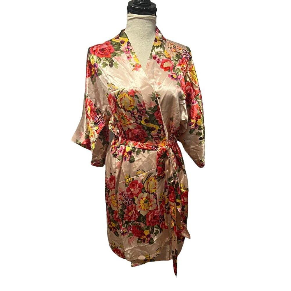 Satin Tie Belted Robe Apricot Pink Floral Bouquet Kimono Womens Medium